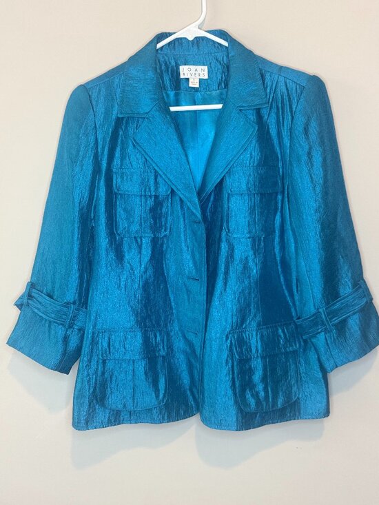 Joan Rivers Jackets & Blazers - Joan Rivers Blazer Womens S Metallic Blue Rayon Blend 3/4 Sleeve Pockets